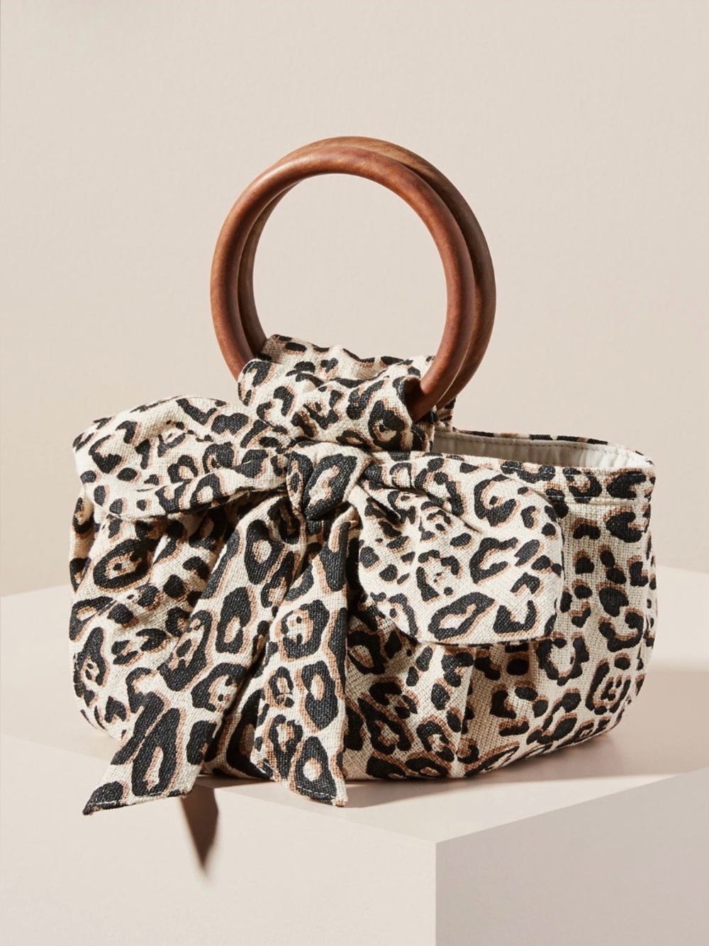 Anthropologie Pippa Bow-Tied Bag NWT Leopard Print Round Wooden Handles